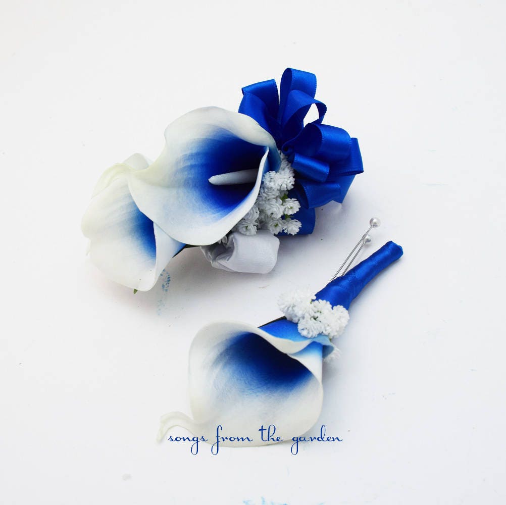 Real Touch Royal Blue Picasso Calla Boutonniere or Corsage - Customize Songs from the Garden Real Touch Royal Blue Picasso Calla Boutonniere or Corsage - Customize Songs from the Garden