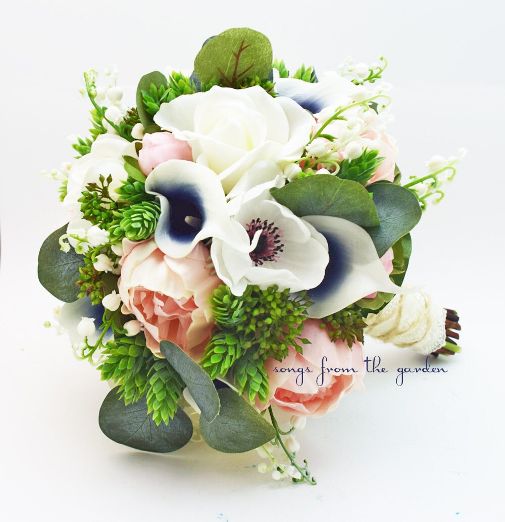 Navy Pink White Real Touch Bouquet Callas Anemones Peonies Roses Hops Eucalyptus -add Groom Boutonniere Flower Crown Centerpiece and More!