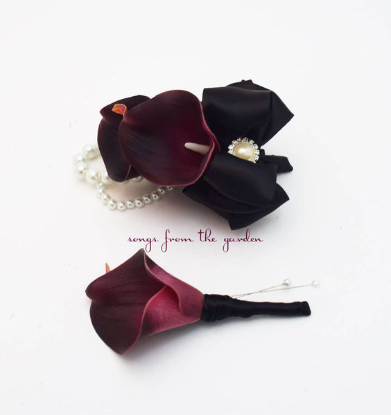 Plum Callas With Pearls - Real Touch Wedding Boutonniere and Corsage - Wedding Homecoming Prom Corsage
