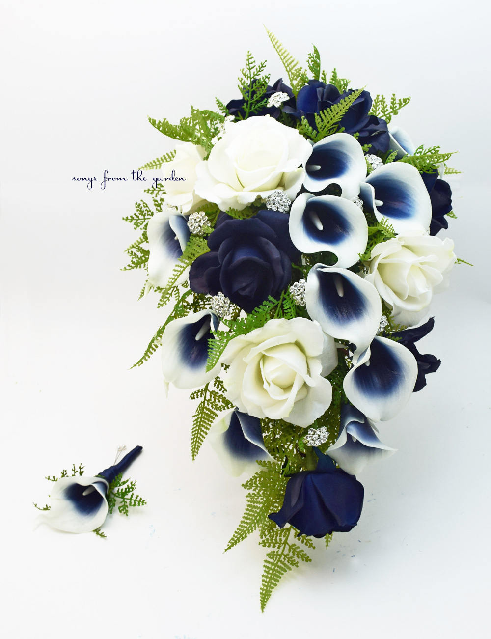 Navy Blue White Cascade Bridal Bouquet - Real Touch Callas Roses Rhinestones - Add Boutonniere Bridesmaid Bouquet Crown Cake Flowers & More!