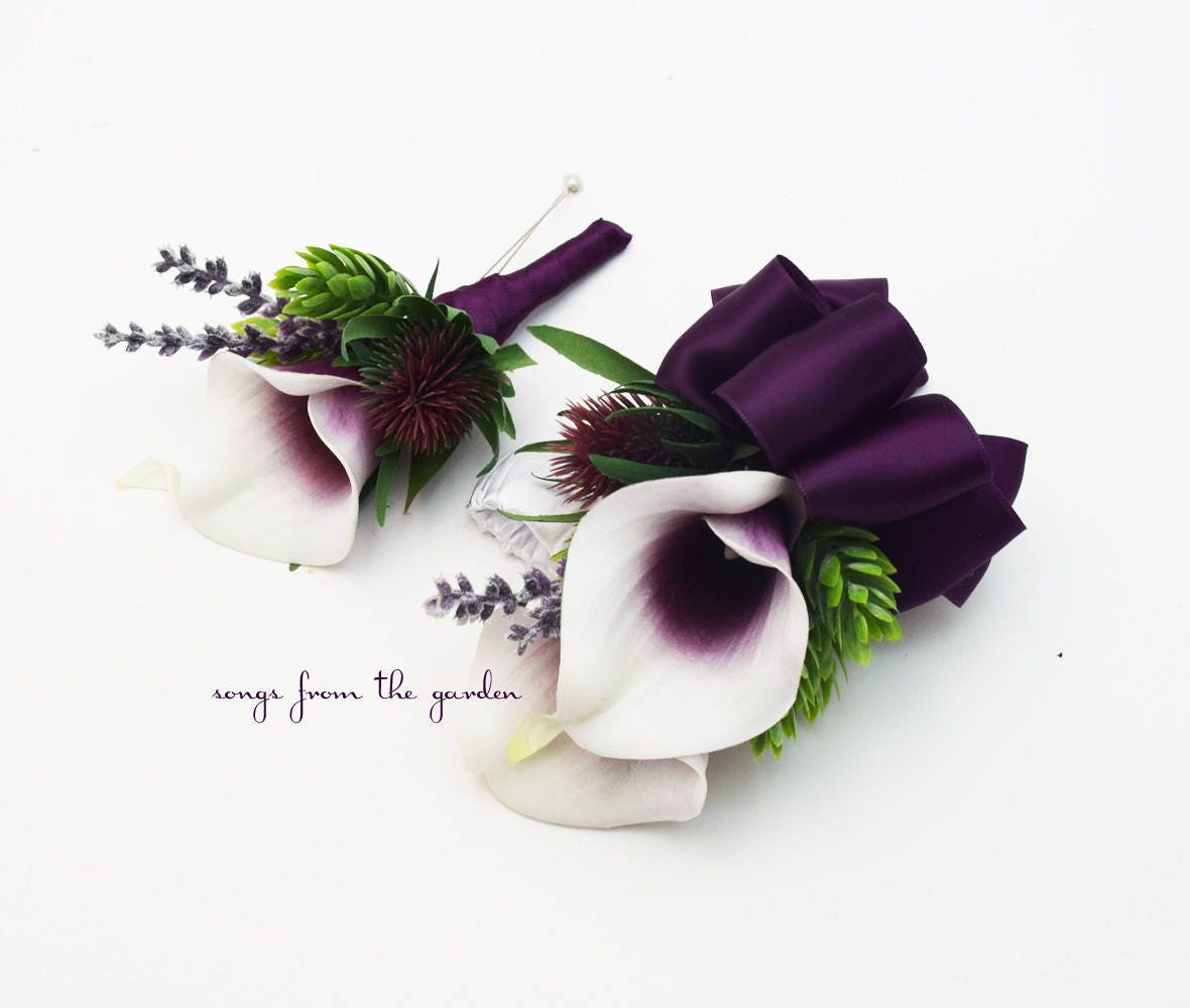 Picasso Calla and Thistle Boutonniere or Corsage - Hops and Lavender Accents Groom Groomsmen Boutonnieres - Wedding Prom Homecoming Corsage