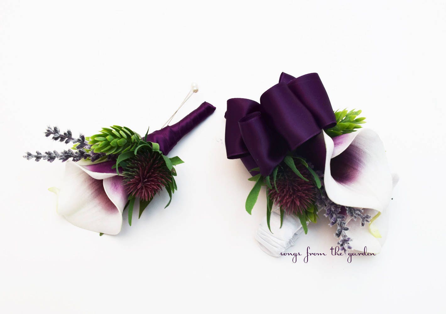 Picasso Calla and Thistle Boutonniere or Corsage - Hops and Lavender Accents Groom Groomsmen Boutonnieres - Wedding Prom Homecoming Corsage
