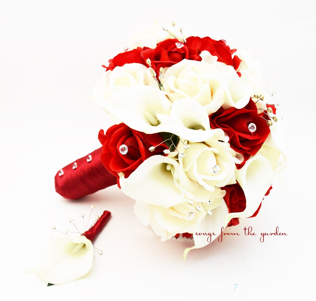 Red Roses Calla Lilies & Crystals Bridal or Bridesmaid Bouquet - add a Groom or Groomsman Boutonniere or Corsage Flower Crown and More!