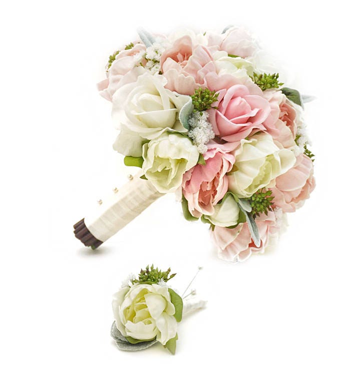 Pink White Peonies & Roses Bridal Prom Bouquet Eucalyptus Greenery - Add Groom Boutonniere Wedding Arch Flowers Centerpiece Corsage More!