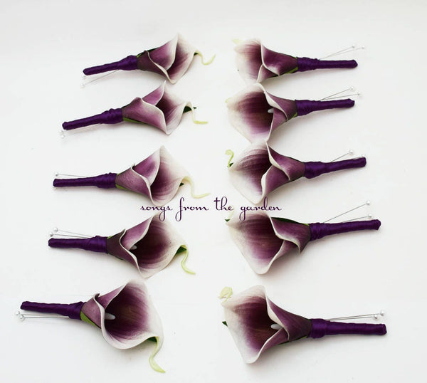 Real Touch Plum Picasso Calla Lily Boutonnieres Groom Groomsmen -  Wedding Prom Groom Groomsmen- Customize for Your Wedding Colors