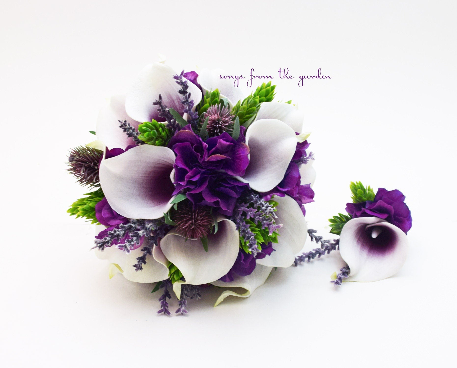 Bridal or Bridesmaid Bouquet Thistle Callas Hops - Add a Groom or Groomsman Boutonniere - Add Wedding Arch Flowers Centerpieces and More!