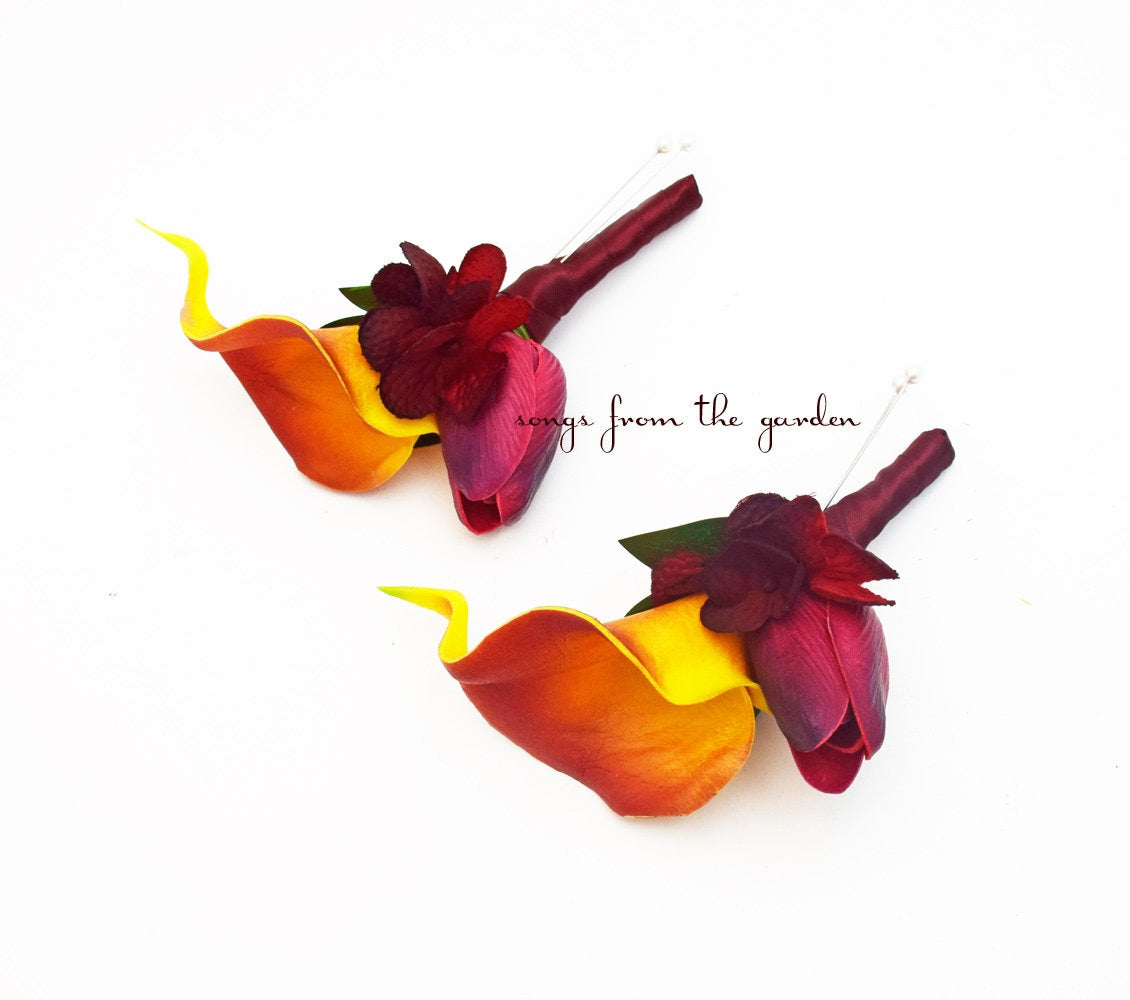Plum Burnt Orange Calla Lilies Tulips Roses Yellow Craspedia Bridal Bouquet Groom's Boutonniere - Customize for your Wedding Colors