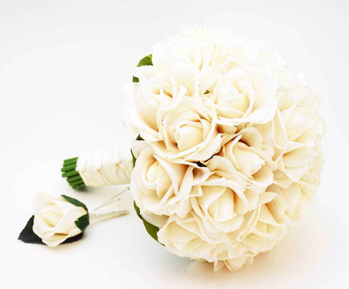 Ivory Real Touch Roses Bridal or Bridesmaid Bouquet - add Groom or Groomsman Boutonniere - Choose Your Ribbon Color - Wedding Flower Bouquet