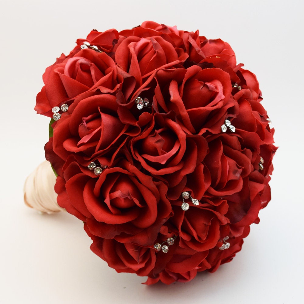 Red Roses & Crystals Bridal or Bridesmaid Bouquet - Add Groom Groomsman Boutonniere or Arch Flowers or Corsage