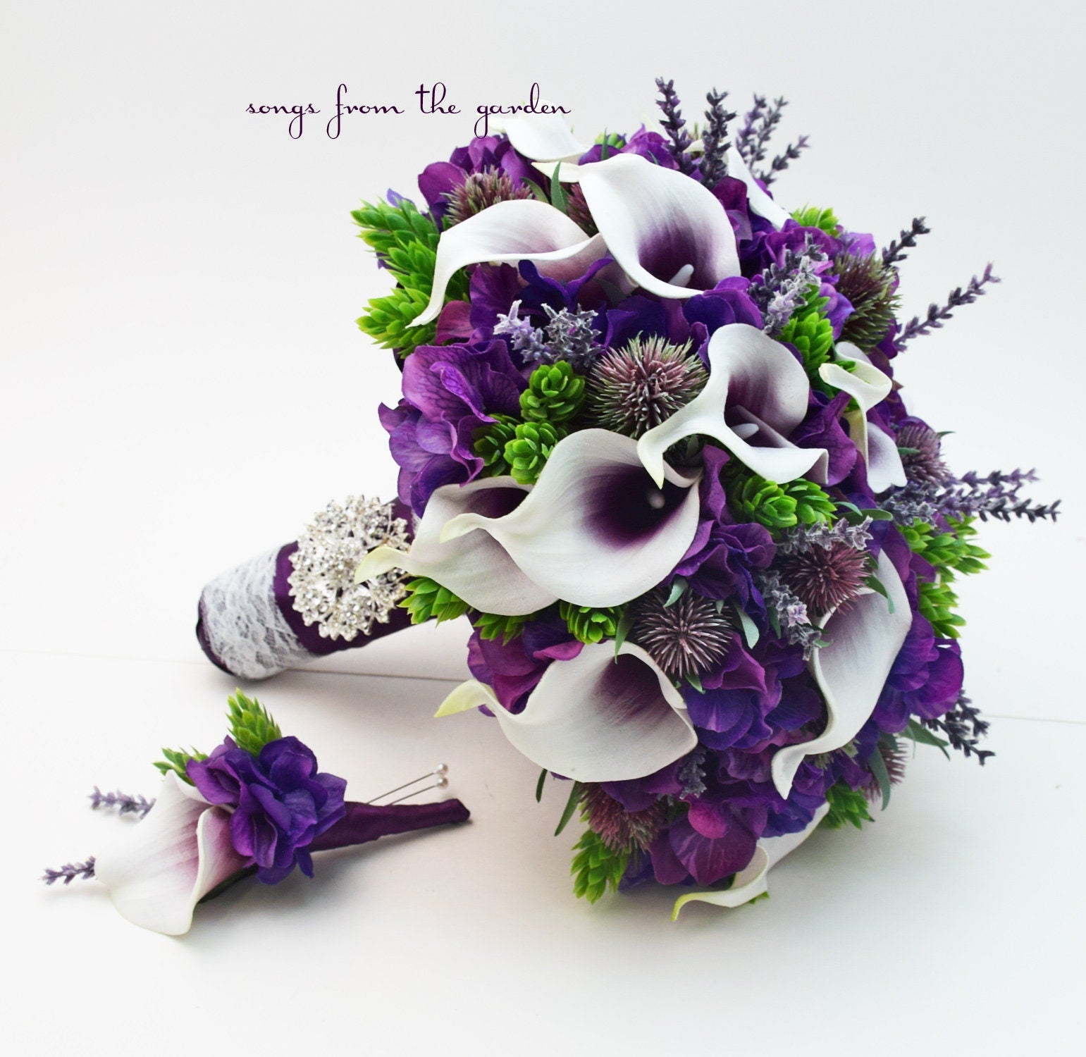 Bridal or Bridesmaid Bouquet Thistle Callas Hops - Add a Groom or Groomsman Boutonniere - Add Wedding Arch Flowers Centerpieces and More!
