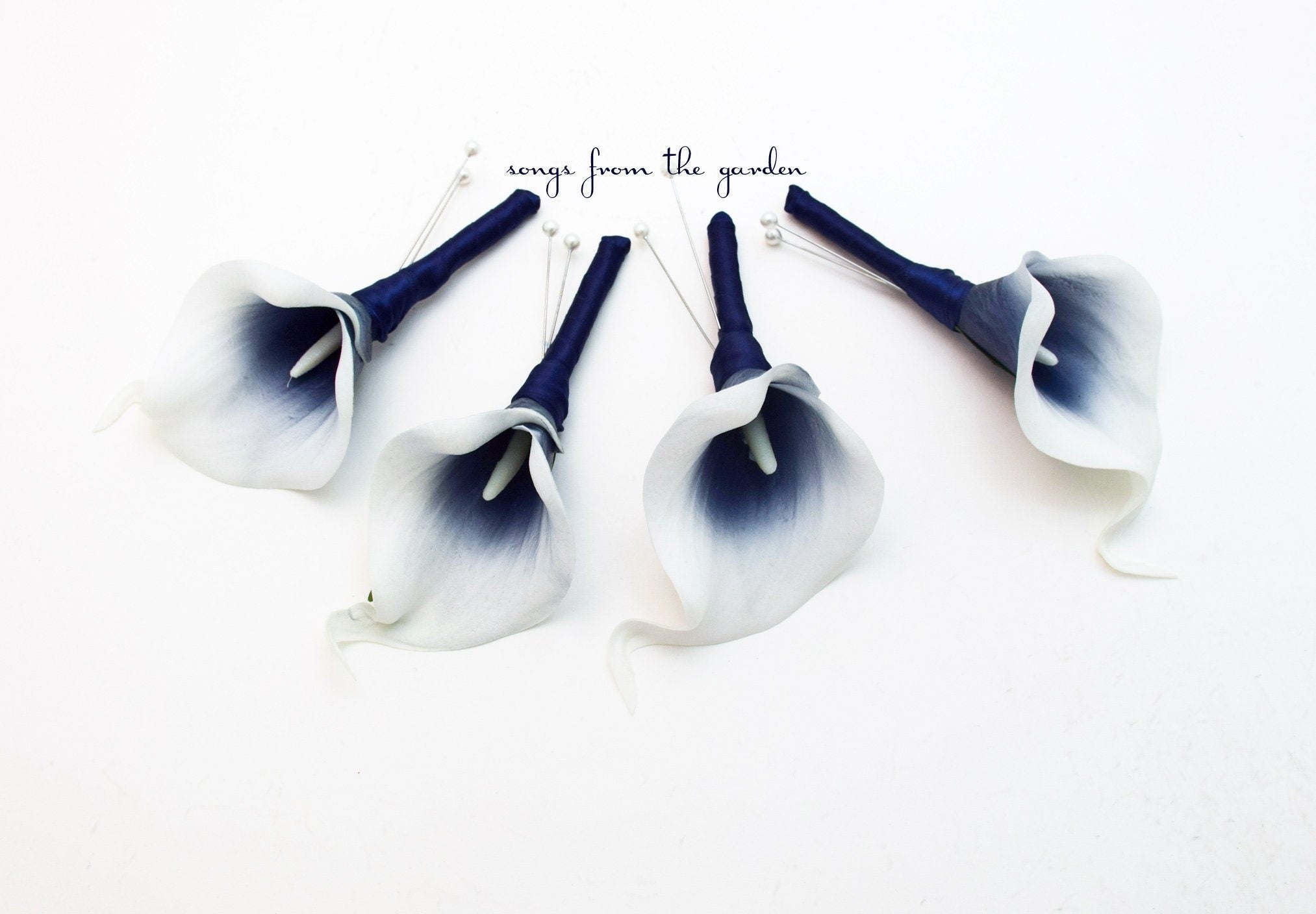 Navy Picasso Calla Lily Boutonniere Groom Groomsmen - Real Touch Wedding Prom Homecoming Boutonniere
