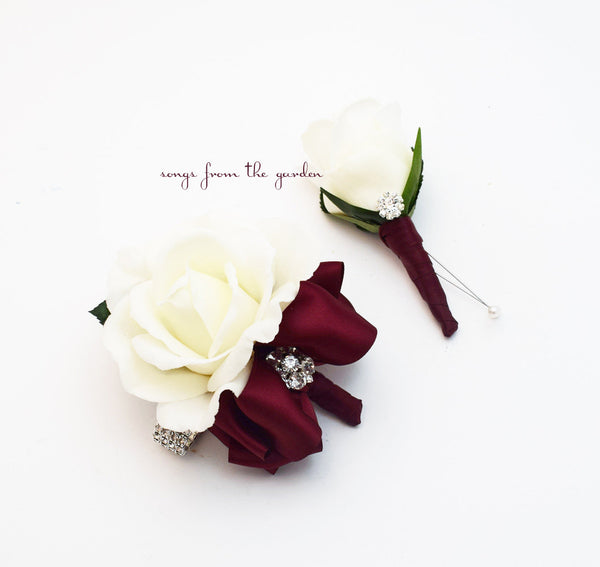 Burgundy and White with Rhinestones Real Touch Rose Wedding Boutonniere Wedding Corsage Mother of the Bride Father Flowers Prom Corsage