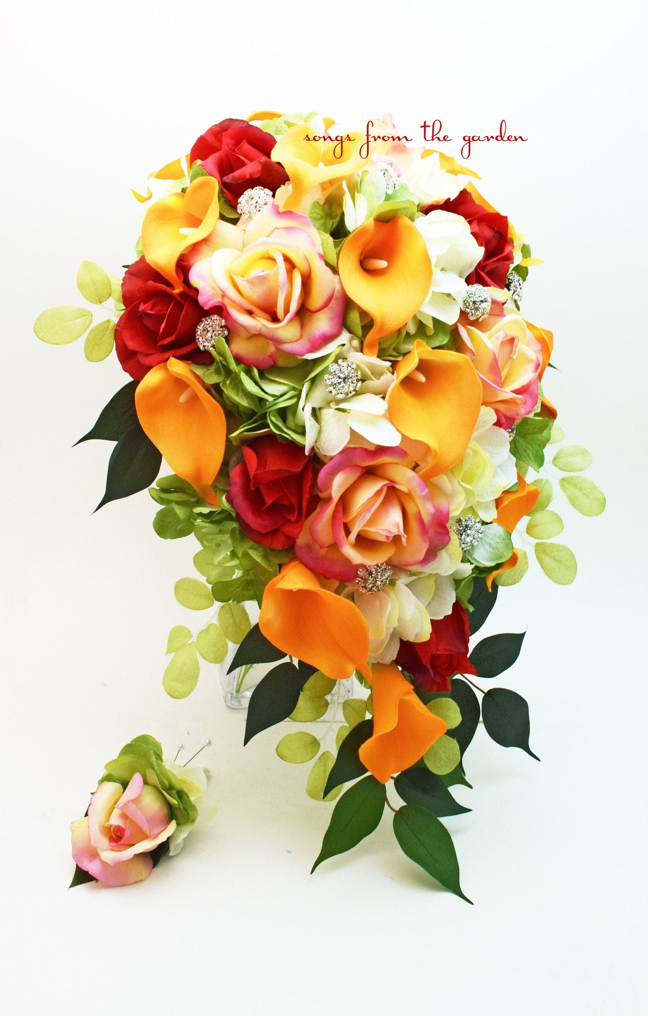Cascade Fall Wedding Bouquet - Orange Red Yellow Teardrop Bouquet - Add Groom Boutonniere Bridesmaid Bouquet Wedding Arch Flowers & More!