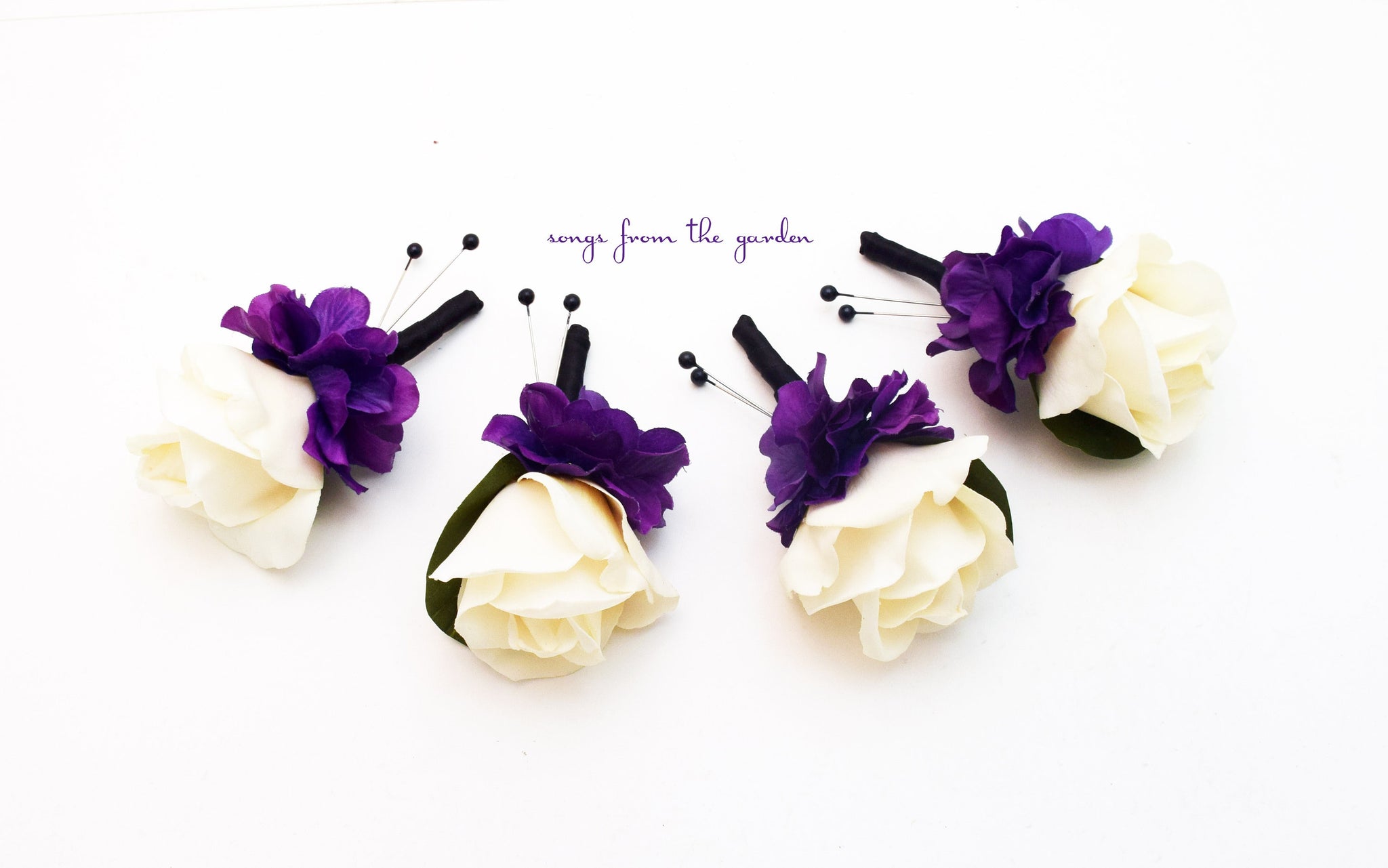Ivory Rose Boutonnieres - Purple Hydrangea Accent - Choose Your Ribbon - Wedding Groom Groomsmen Boutonnieres Prom Homecoming Boutonniere