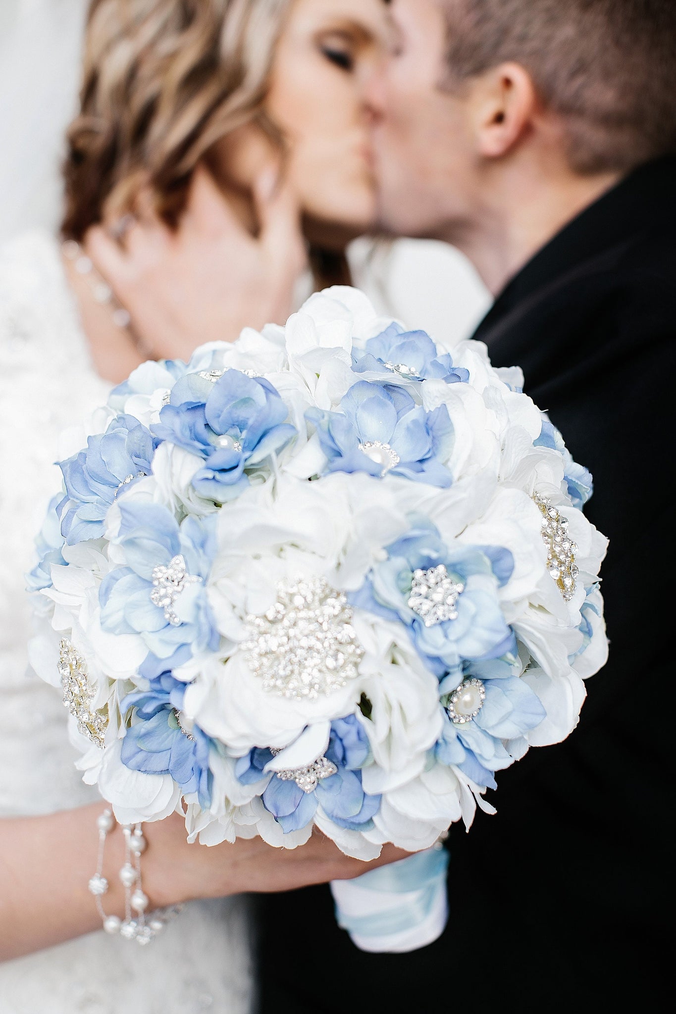 Blue and White Brooches & Blooms Bridal or Bridesmaid Bouquet Boutonniere - Silk Flower Wedding White Blue Bouquet - Add a Boutonniere