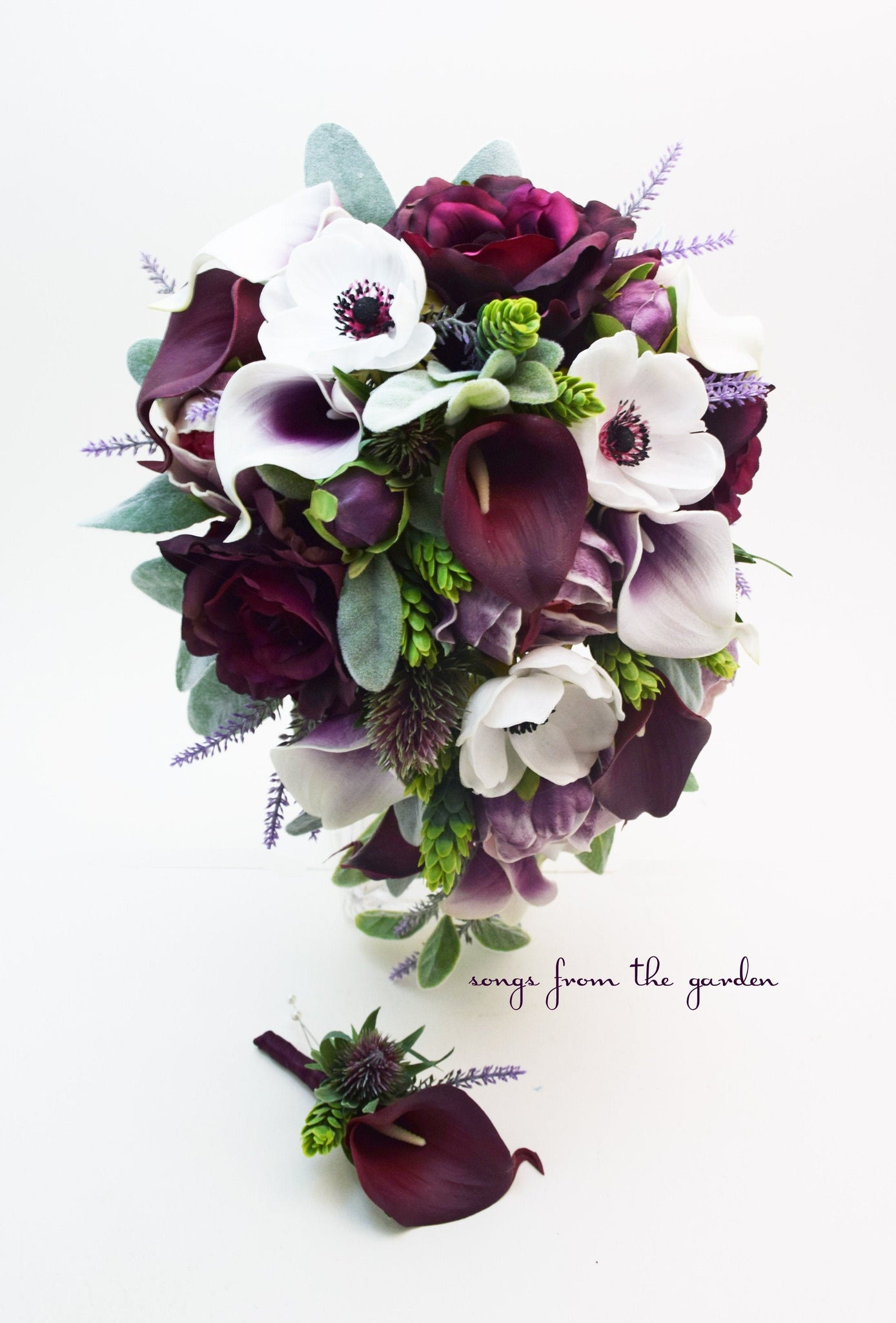 Cascade Bridal Bouquet in Plum Lavender Peonies Anemones Roses Callas - Add a Groom's Boutonniere or Matching Corsage Centerpieces & More!