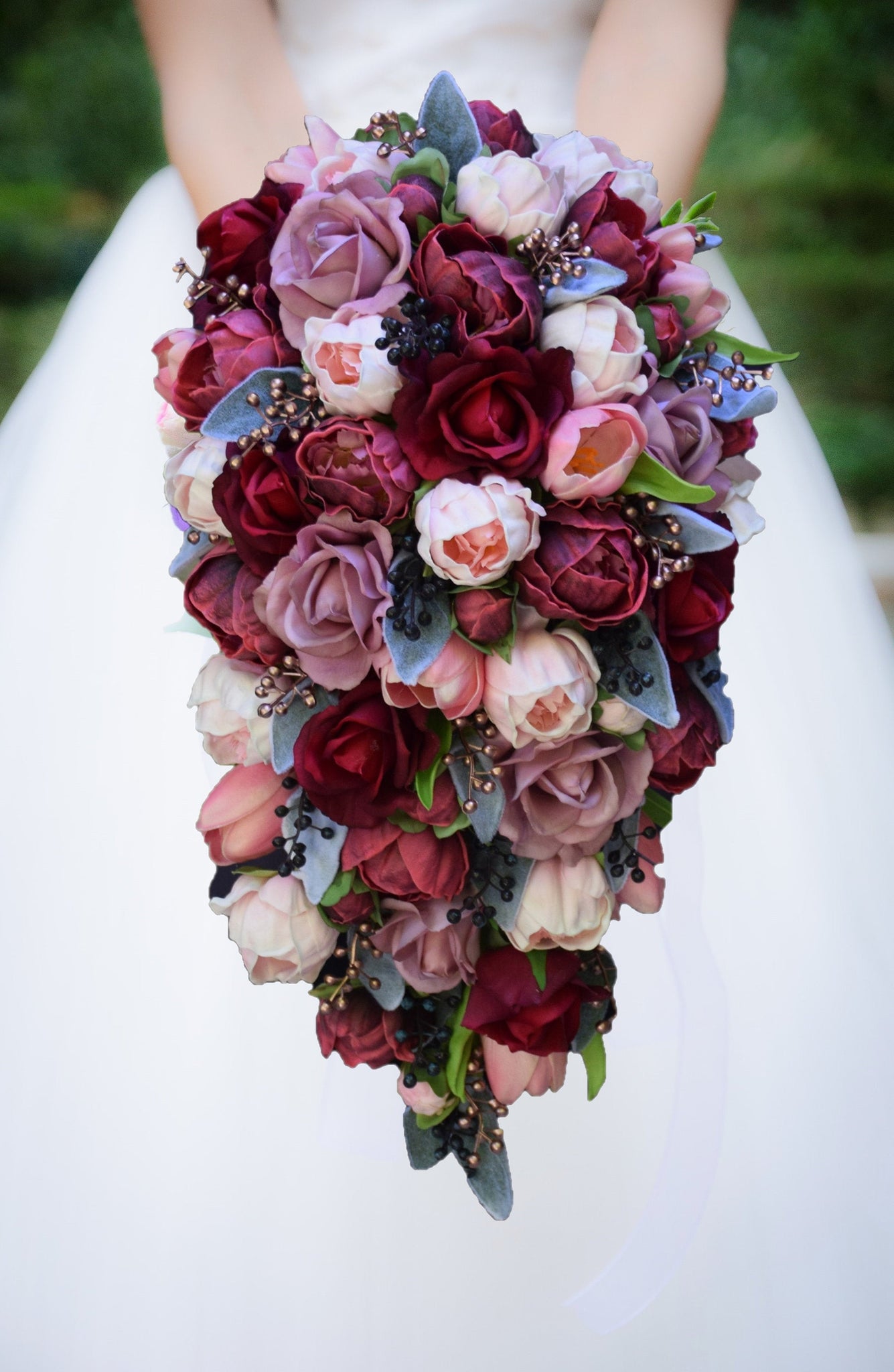 Cascade Bridal Bouquet Burgundy Blush Navy Dusty Rose Gold - Roses Peonies Tulips Berries - Add Groom Boutonniere Bridesmaid Bouquet & More!