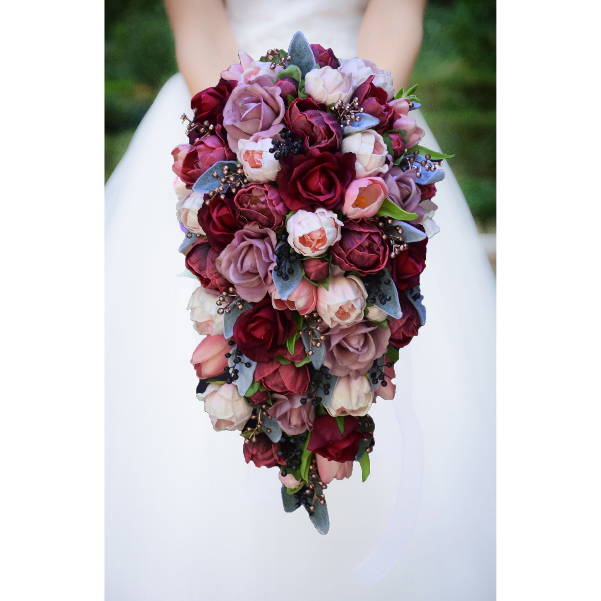 Cascade Bridal Bouquet Burgundy Blush Navy Dusty Rose Gold - Roses Peonies Tulips Berries - Add Groom Boutonniere Bridesmaid Bouquet & More!