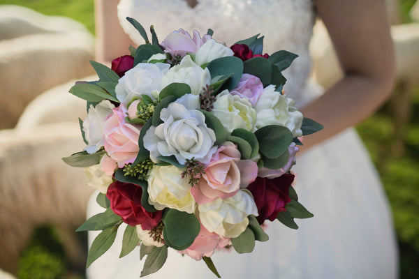 Blush  White Burgundy Bridal or Bridesmaid Bouquet Eucalyptus Peonies Roses - Real Touch Wedding Bouquet - Add a Groom's Boutonniere