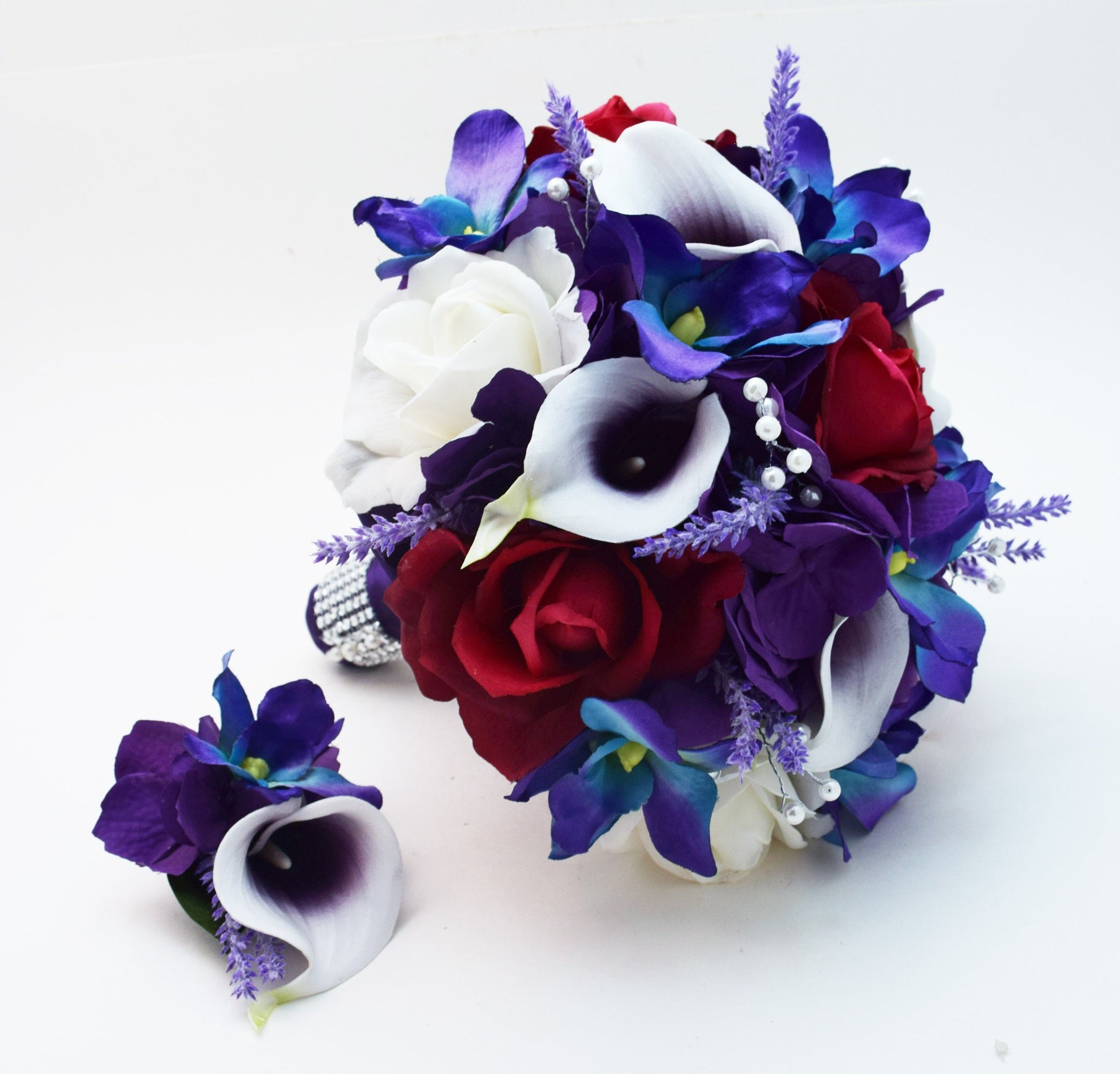 Galaxy Blue Orchid Callas Burgundy Roses Bridal or Bridesmaid Bouquet - add a Groom's or Groomsmen Boutonniere Wedding Centerpiece & More!