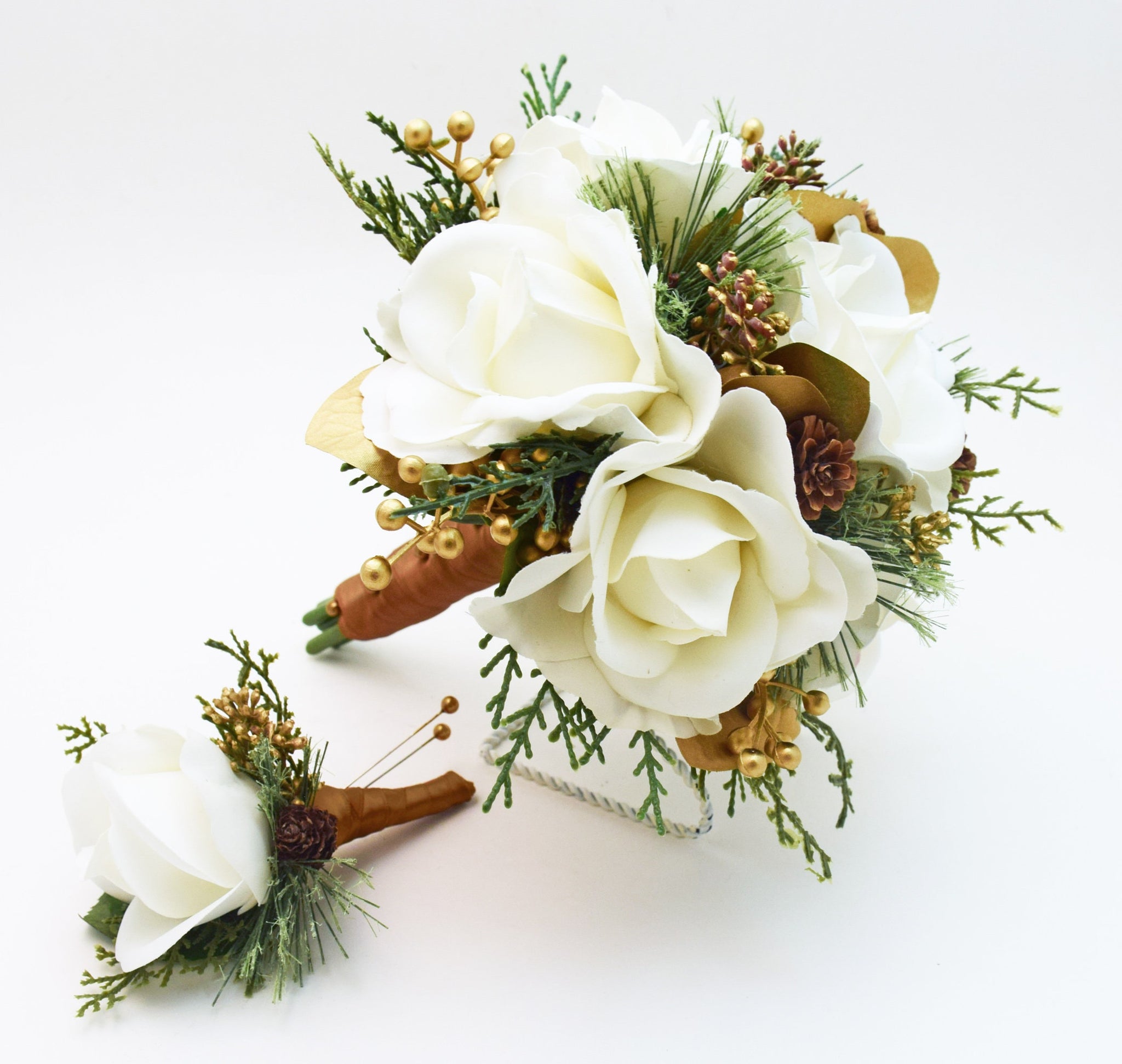 Winter Wedding Bridal Bouquet Evergreens Gold & White Bouquet Eucalyptus Pine Cones Real Touch Roses - add a Groom's Boutonniere and More!