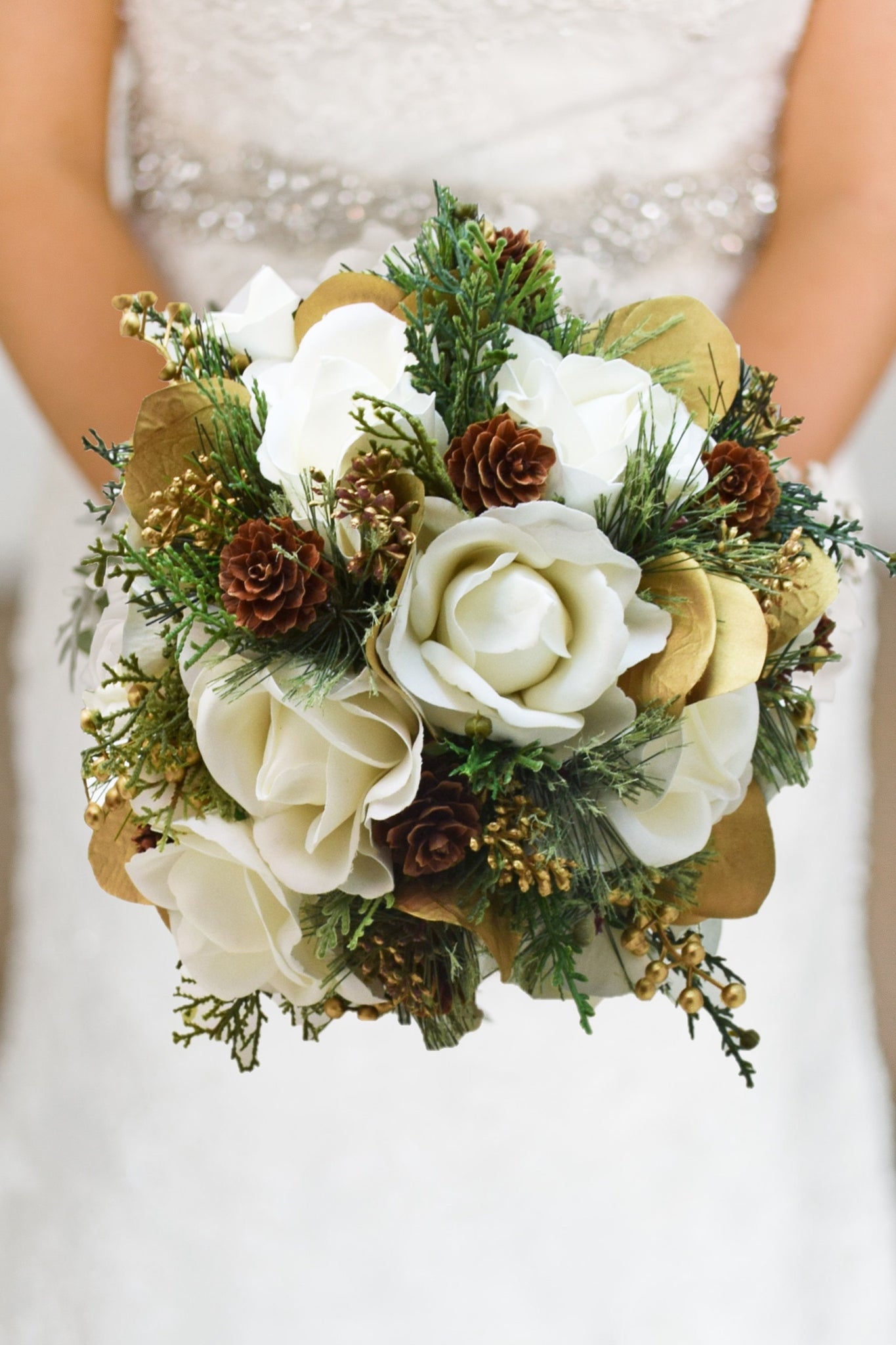 Cascade Winter Wedding Bridal Bouquet Evergreens Gold White Bouquet Eucalyptus Pine Cones Real Touch Roses - add Groom's Boutonniere & More!