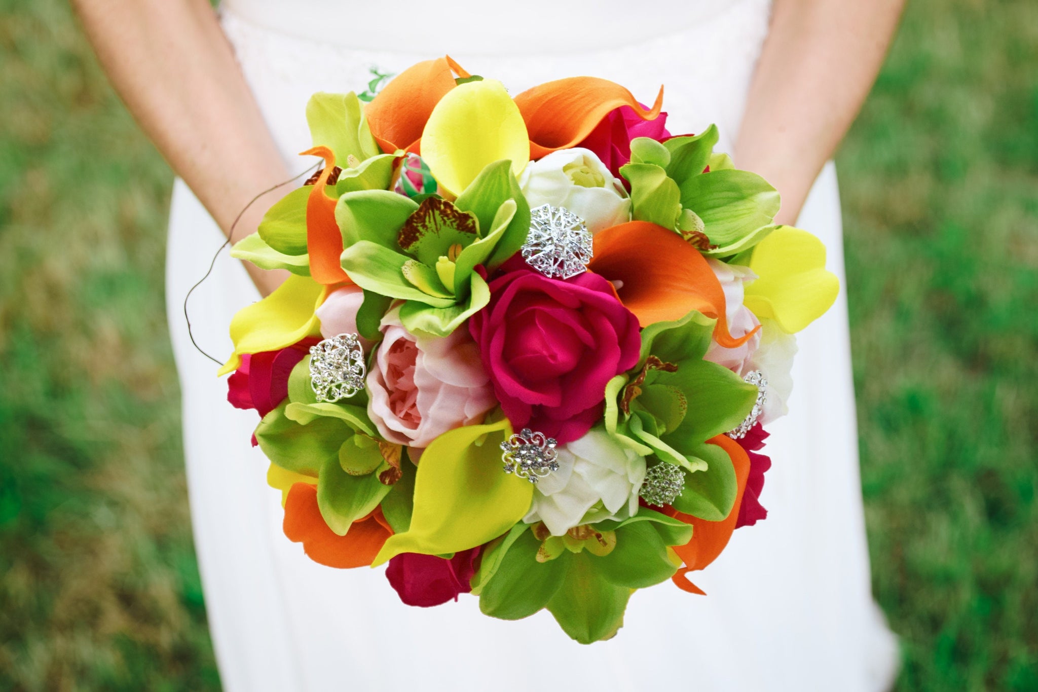 Tropical Wedding Bouquet - Orchids Calla Lilies Roses Peonies Bridal Bouquet or Bridesmaid Bouquet - add a Groom's or Groomsmen Boutonniere