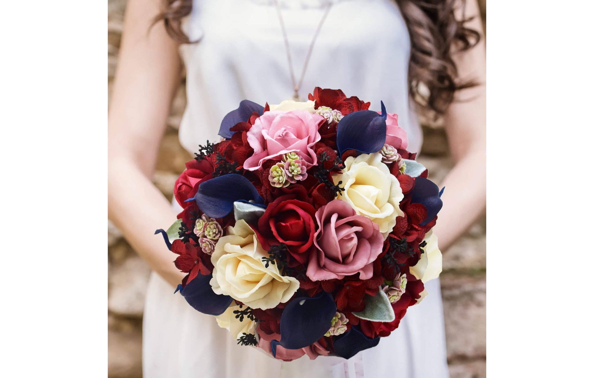 Fall Wedding Bridal or Bridesmaid Bouquet Mauve Burgundy Navy Red - Succulents Calla Lilies Roses - add Groom Groomsmen Boutonnieres & More!