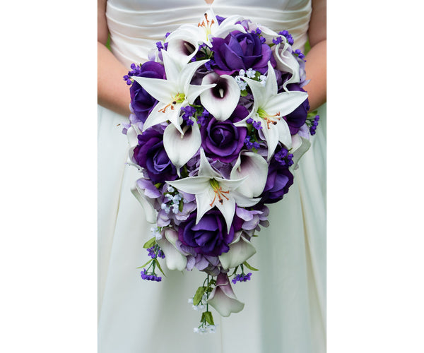 Cascade Wedding Bouquet with Picasso Callas, Real Touch Purple Roses, Tiger Lilies, Lavender Hydrangea - Add a Groom's Boutonniere and More!
