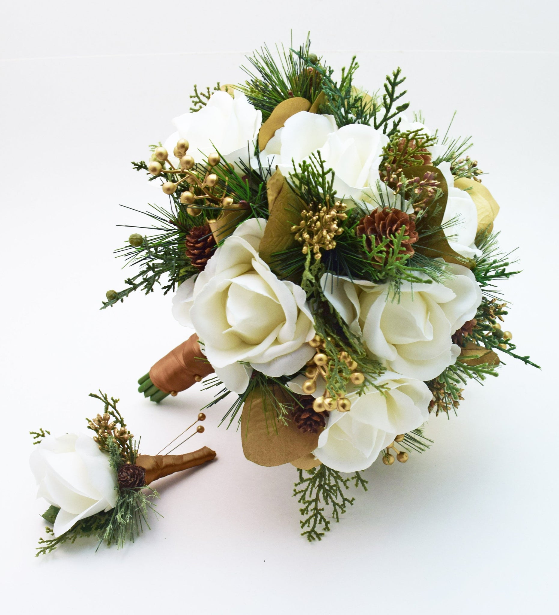 Cascade Winter Wedding Bridal Bouquet Evergreens Gold White Bouquet Eucalyptus Pine Cones Real Touch Roses - add Groom's Boutonniere & More!