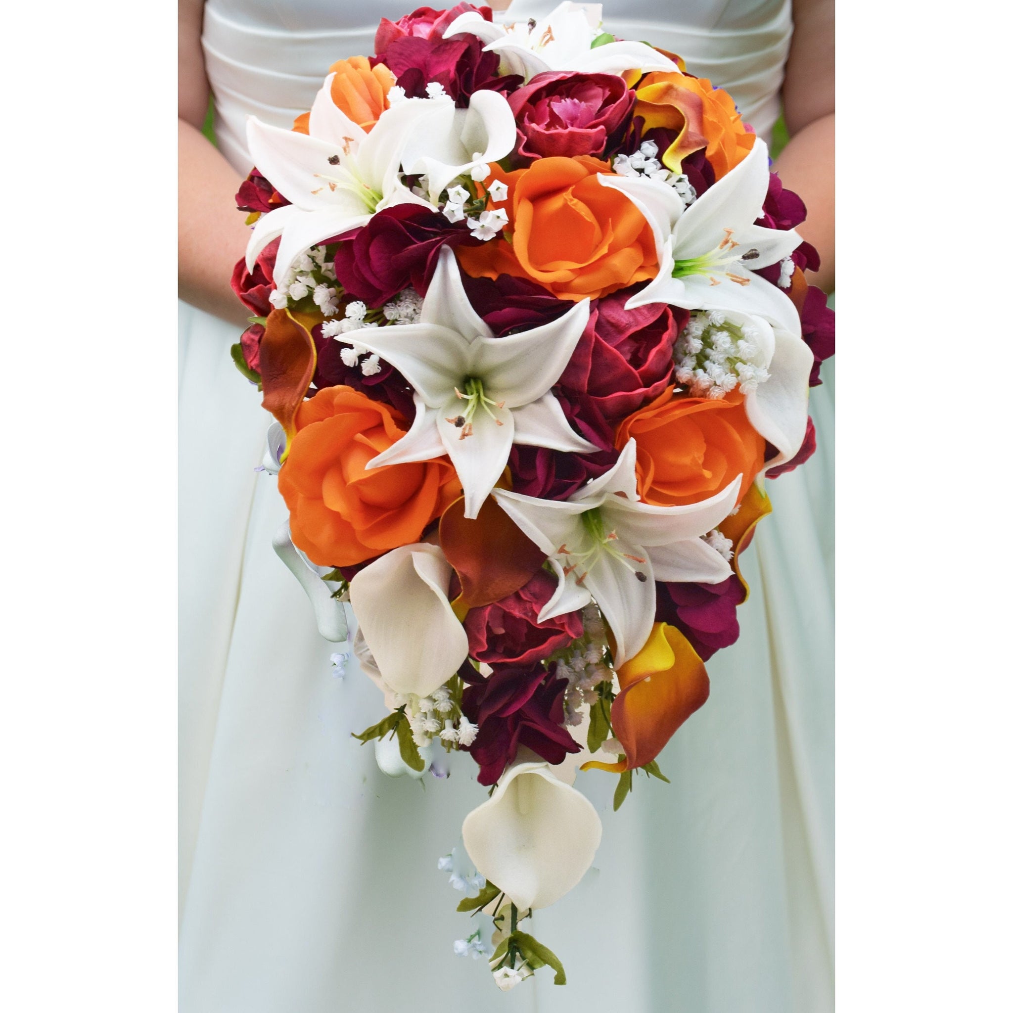 Cascade Fall Wedding Bouquet Orange Real Touch Roses Burgundy Peonies White Tiger Lilies - Add Groom Boutonniere Wedding Arch Flowers & More