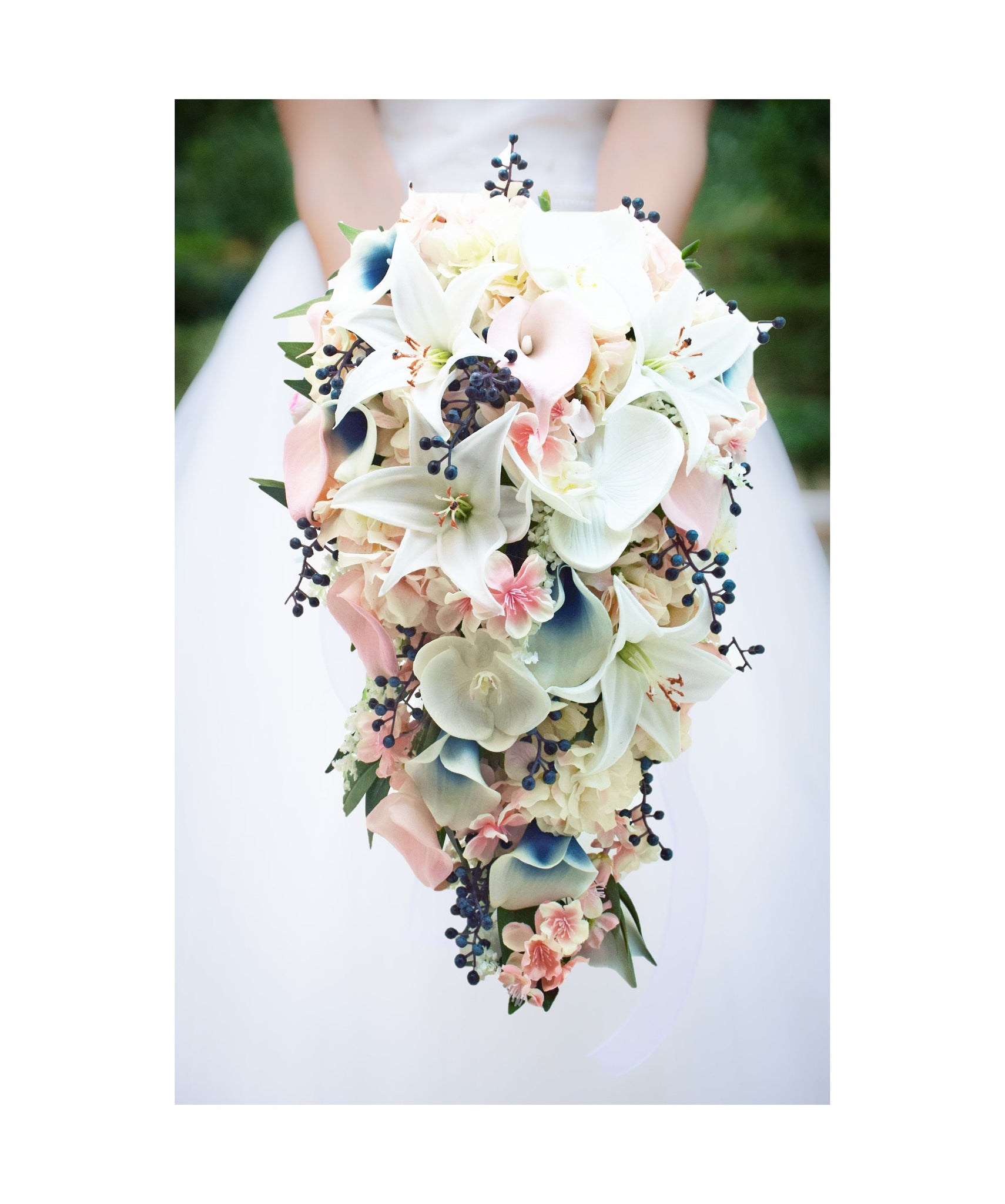 Navy Pink Blush White Cascade Bridal Bouquet Cherry Blossom Orchids Lily - add Bridesmaids Centerpieces Boutonnieres Corsages and More!