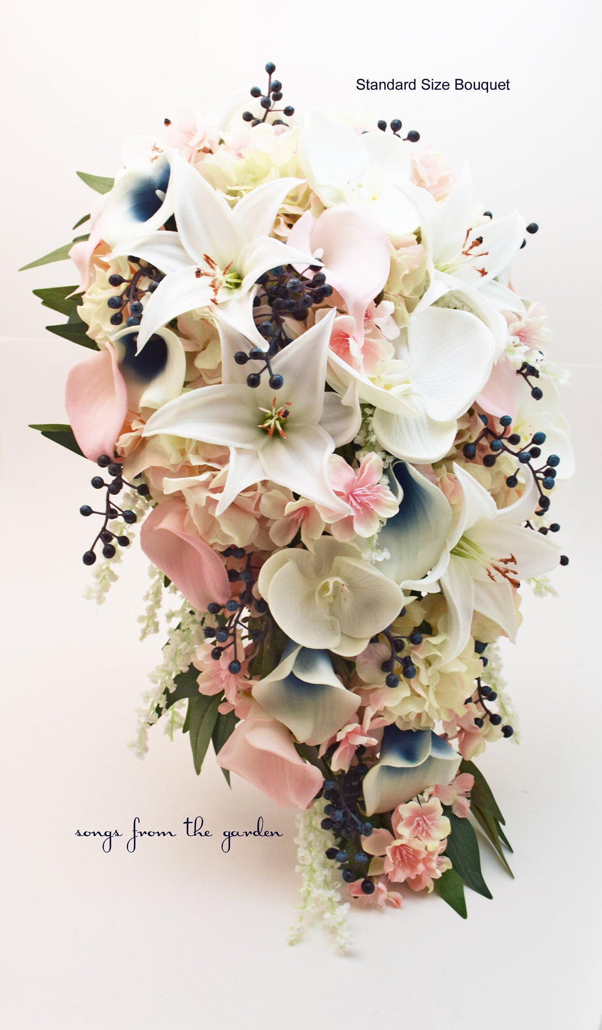 Navy Pink Blush White Cascade Bridal Bouquet Cherry Blossom Orchids Lily - add Bridesmaids Centerpieces Boutonnieres Corsages and More!