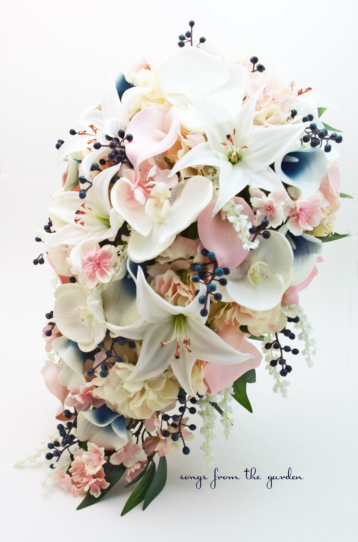 pink roses and white calla lily bouquet Navy Pink Blush White Cascade Bridal Bouquet Cherry Blossom Orchids Li – Songs from the Garden