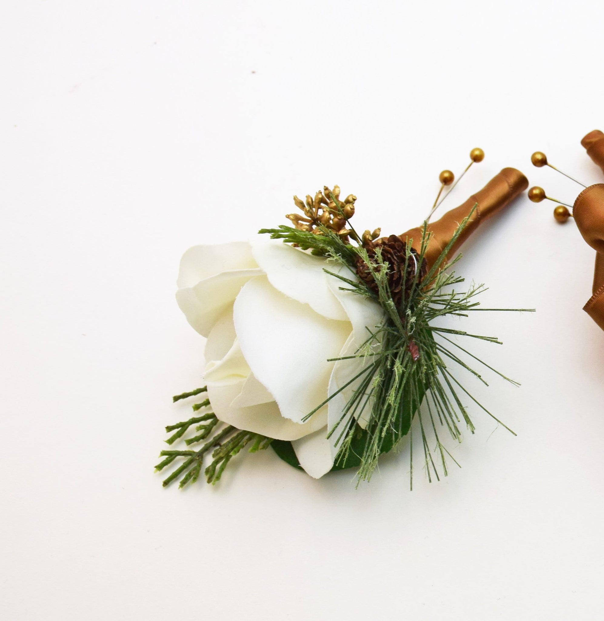 Winter Wedding Bridal Bouquet Evergreens Gold & White Bouquet Eucalyptus Pine Cones Real Touch Roses - add a Groom's Boutonniere and More!