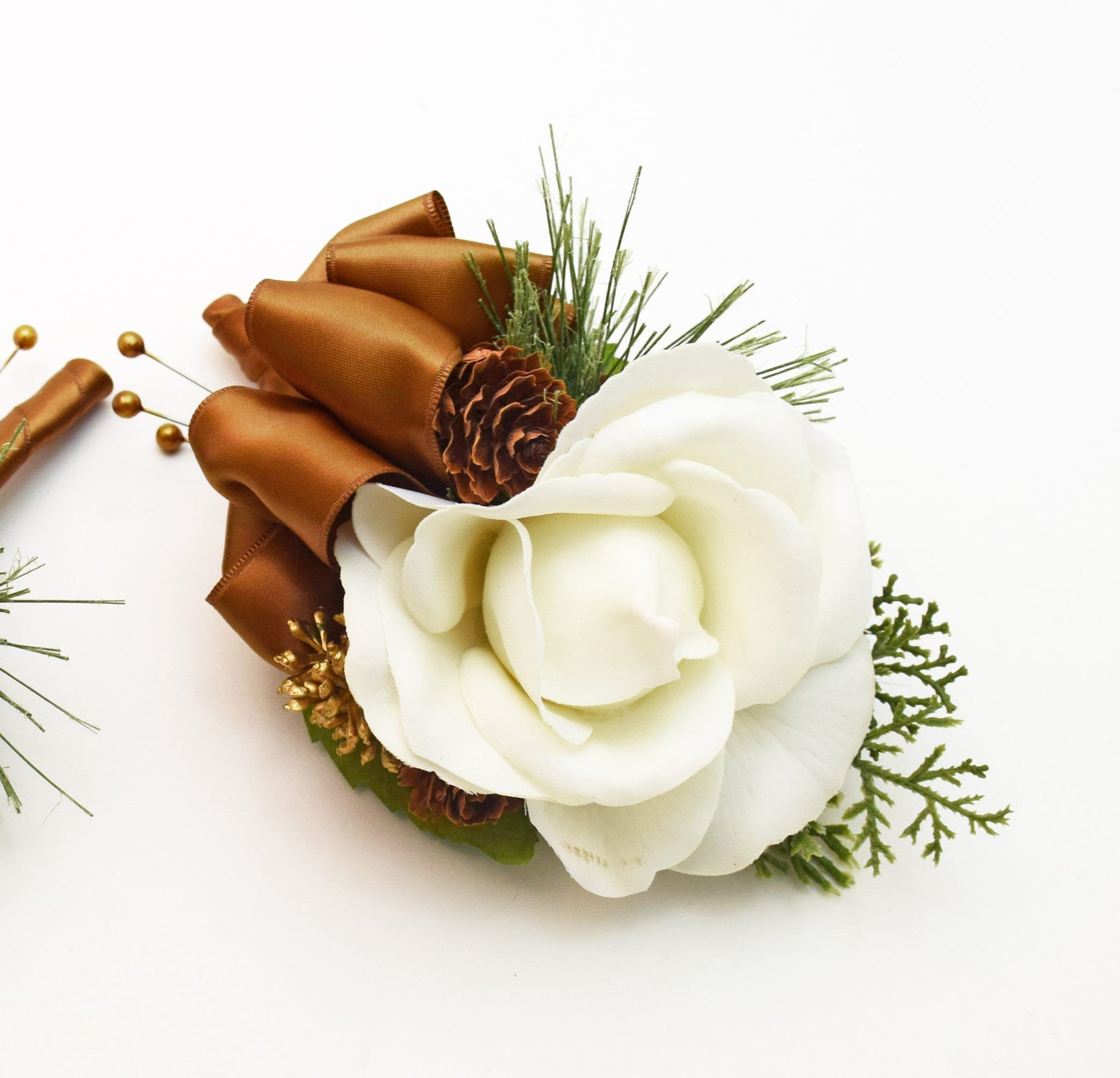 Winter Wedding Bridal Bouquet Evergreens Gold & White Bouquet Eucalyptus Pine Cones Real Touch Roses - add a Groom's Boutonniere and More!
