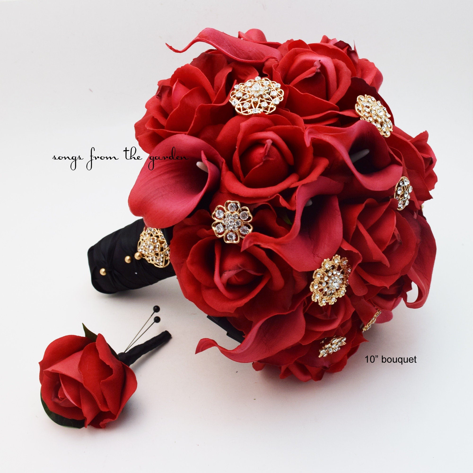 Red Roses Gold Brooches Bridal or Bridesmaid Real Touch Rose Bouquet- add Groom Groomsman Boutonniere or Flower Crown Cake Flowers & More!