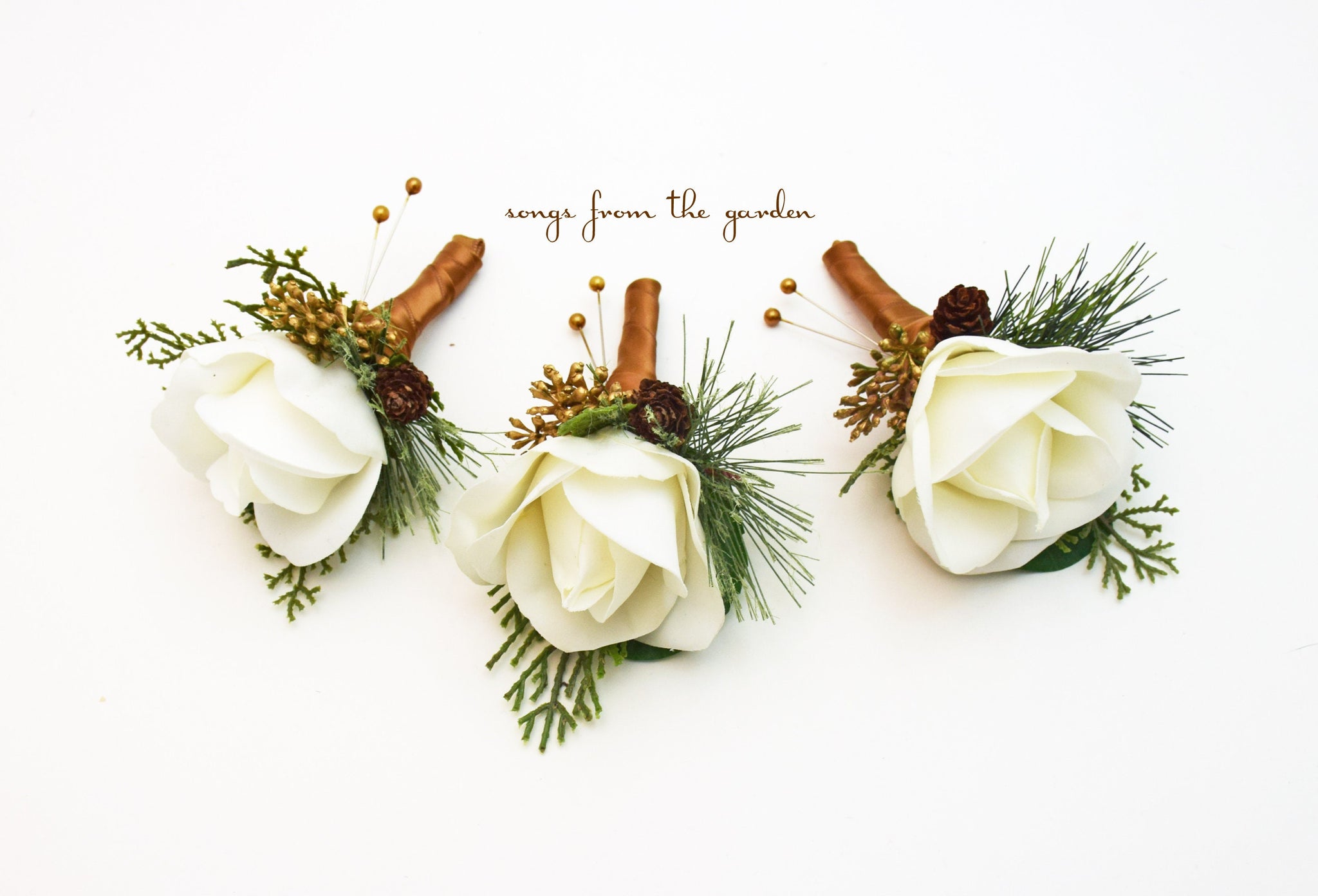 Winter Boutonnieres - White Real Touch Rose Pinecone Pine Juniper Accent  - Wedding Groom Groomsmen Boutonnieres Prom Homecoming Boutonniere