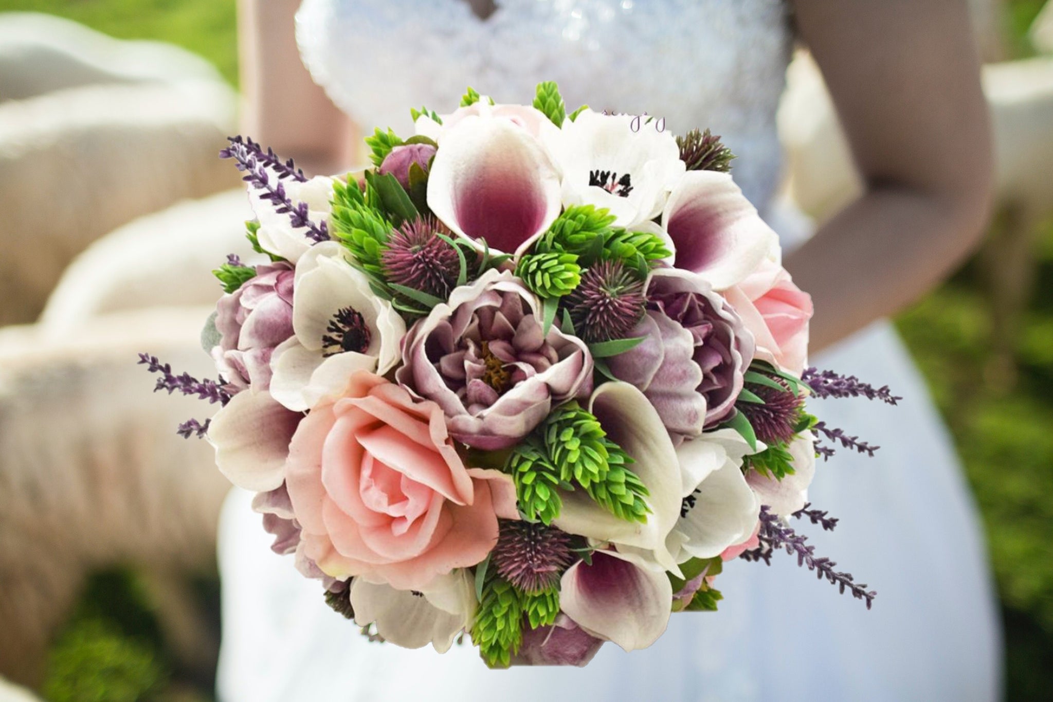 Bridal Bridesmaid Bouquet with Anemones Peonies Callas Roses - add Groom or Groomsman Boutonniere, Cake Flowers, Centerpieces, Flower Crown