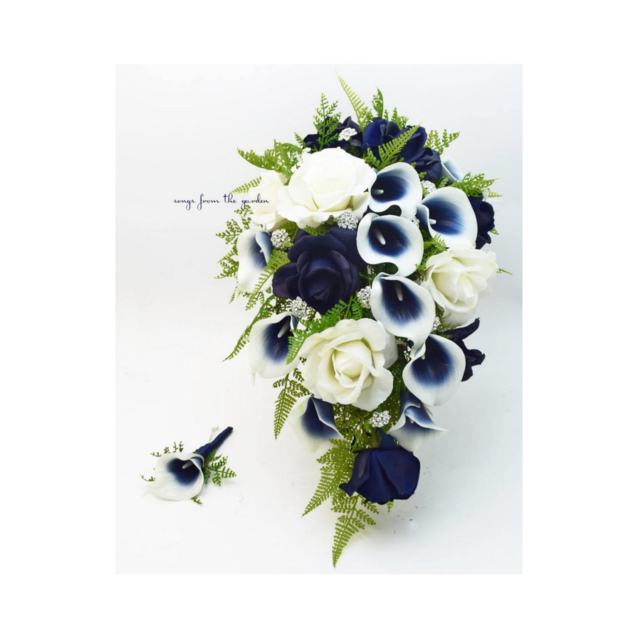 Navy Blue White Cascade Bridal Bouquet - Real Touch Callas Roses Rhinestones - Add Boutonniere Bridesmaid Bouquet Crown Cake Flowers & More!