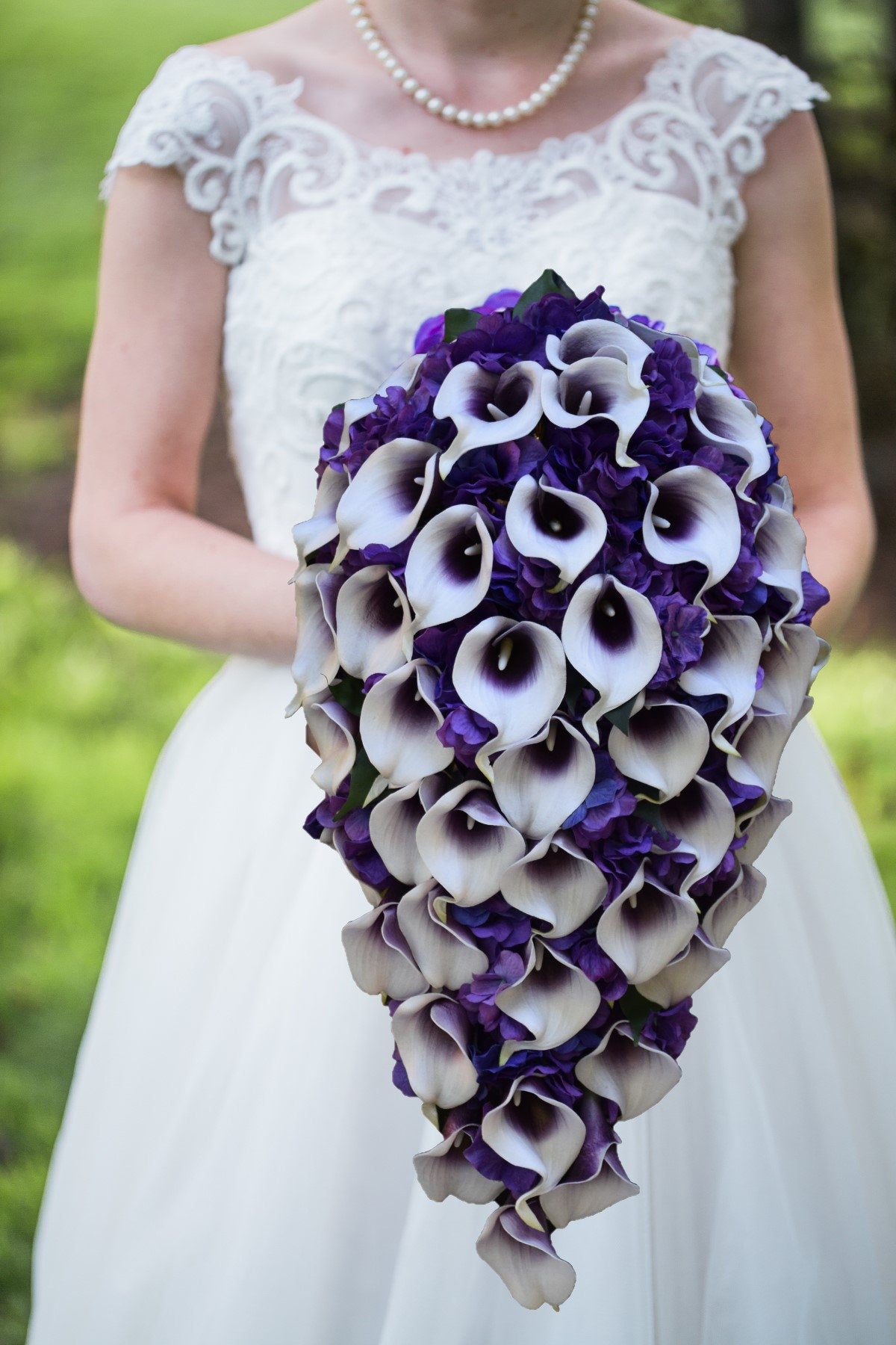 Real Touch Picasso Calla Lily Purple Hydrangea Bridal or Bridesmaid Bouquet - Add Groom's or Groomsmen Boutonniere - Purple Wedding Bouquet