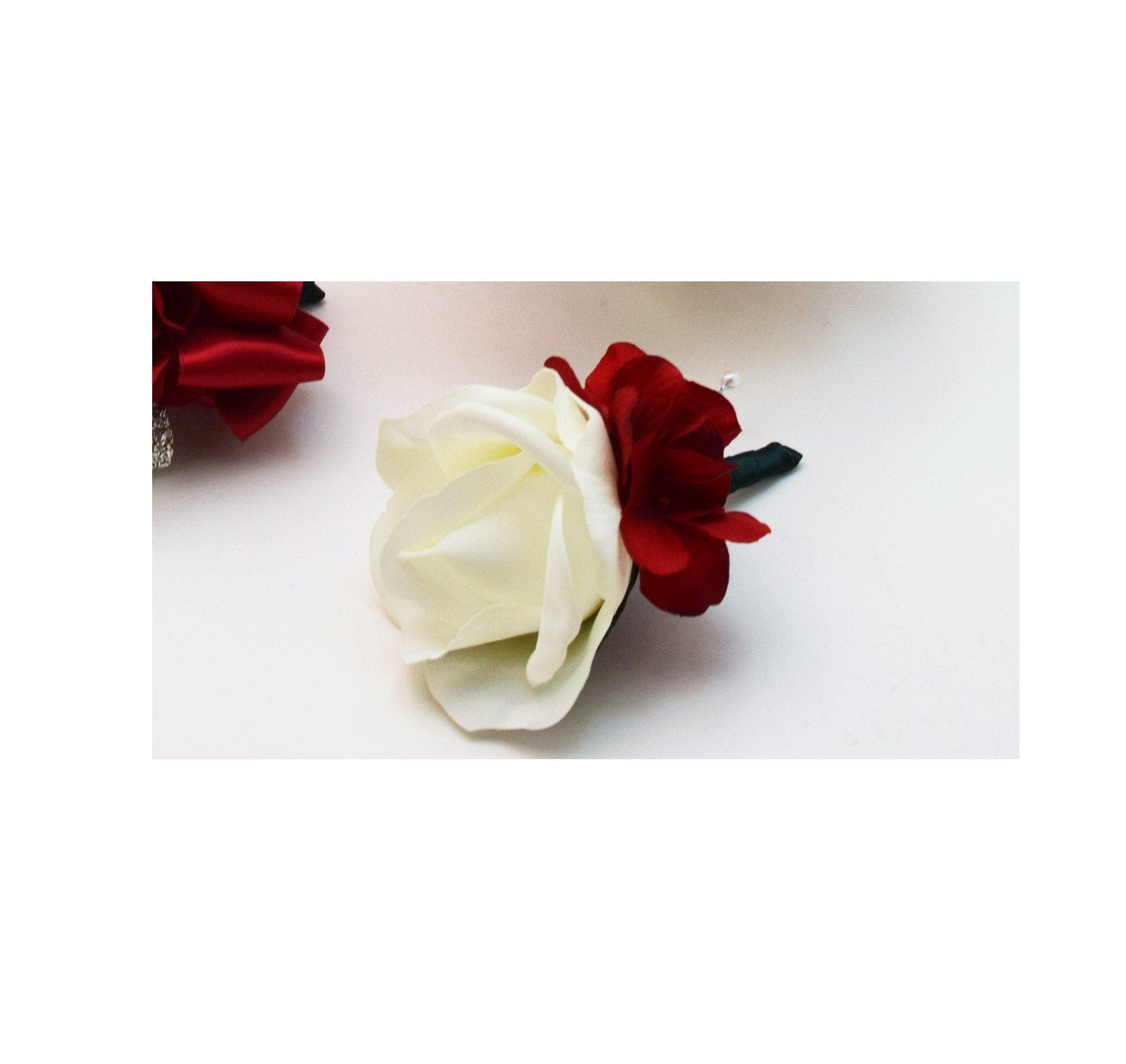 White Roses Red Calla Lily Rhinestone Bridal or Bridesmaid Prom Bouquet - add Groom Boutonniere Flower Crown Wedding Arch Centerpiece & More