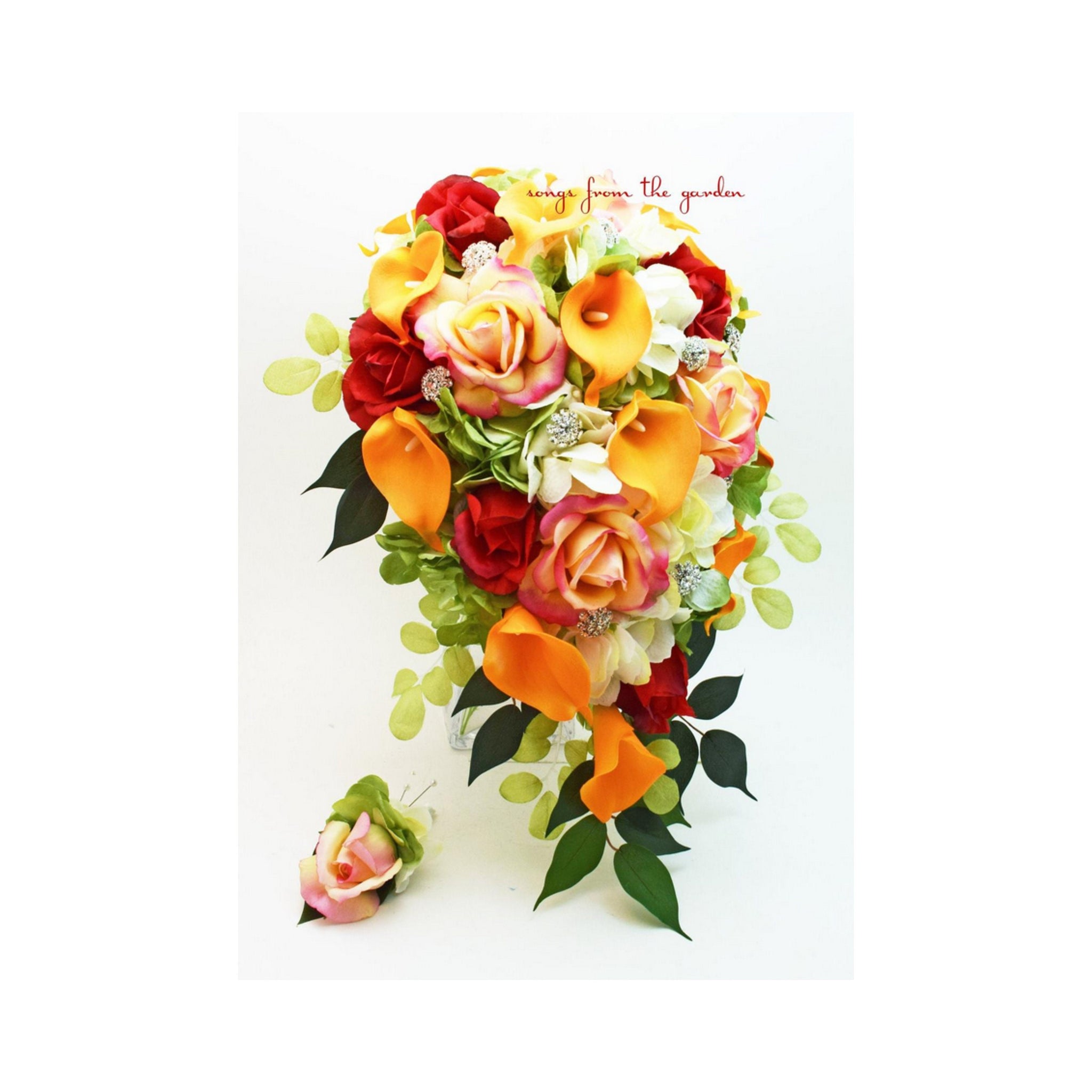 Cascade Fall Wedding Bouquet - Orange Red Yellow Teardrop Bouquet - Add Groom Boutonniere Bridesmaid Bouquet Wedding Arch Flowers & More!