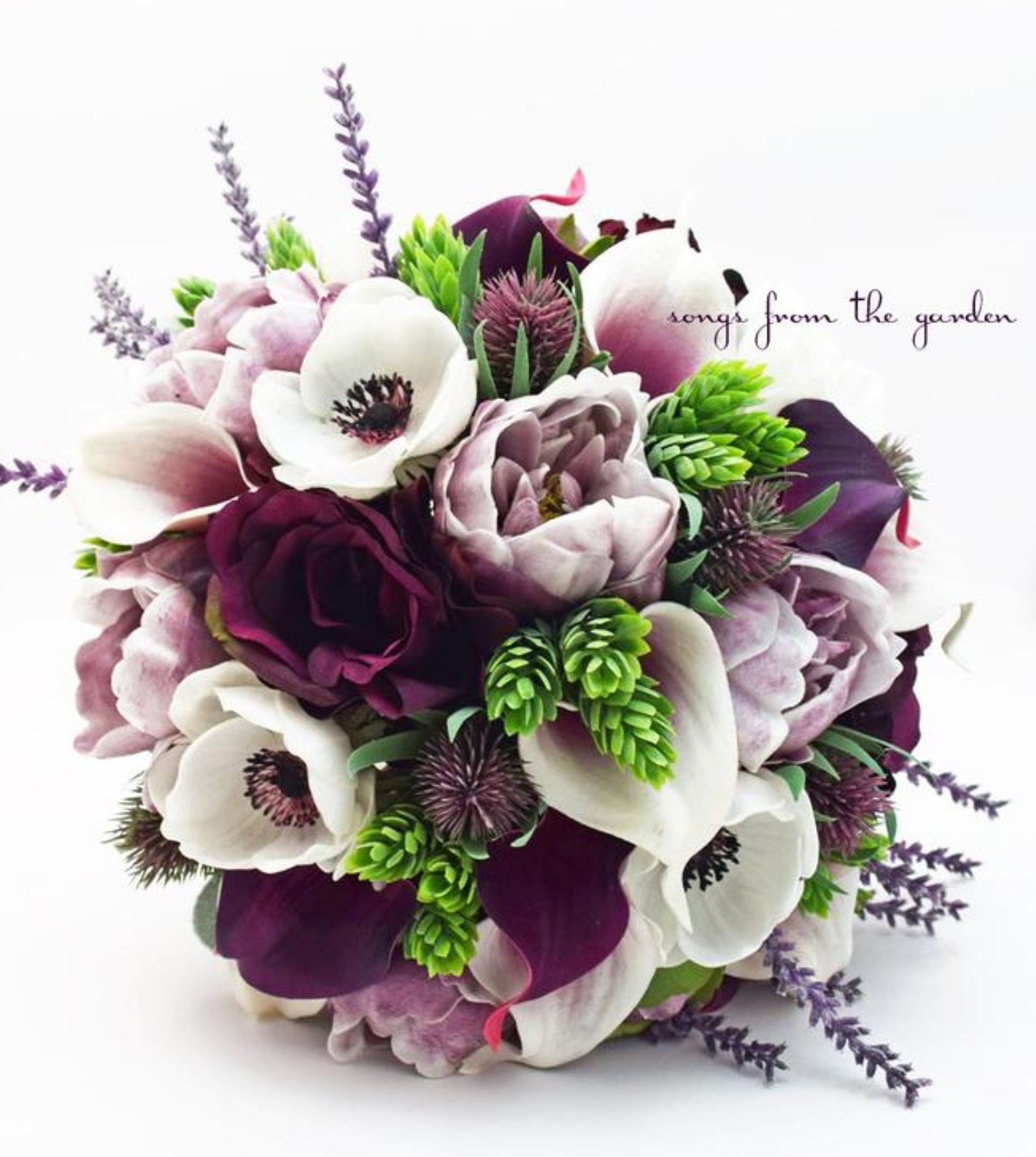 Cascade Bridal Bouquet in Plum Lavender Peonies Anemones Roses Callas - Add a Groom's Boutonniere or Matching Corsage Centerpieces & More!