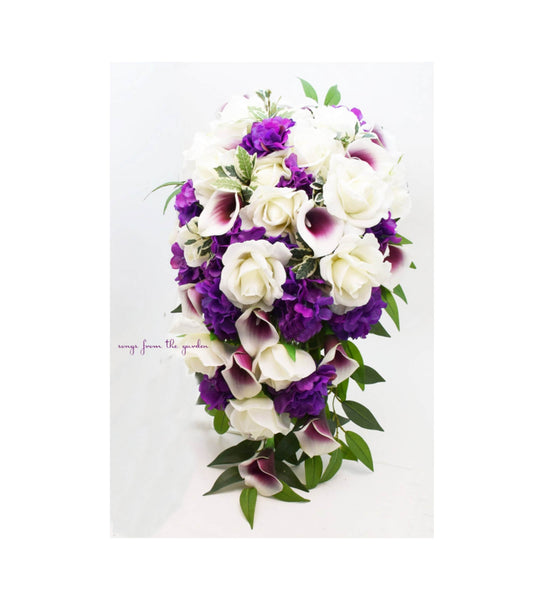 Cascade Bridal Bouquet Real Touch Callas White Roses Hydrangea - Add Groom Boutonniere Matching Corsage Bridesmaid Flower Crown & More