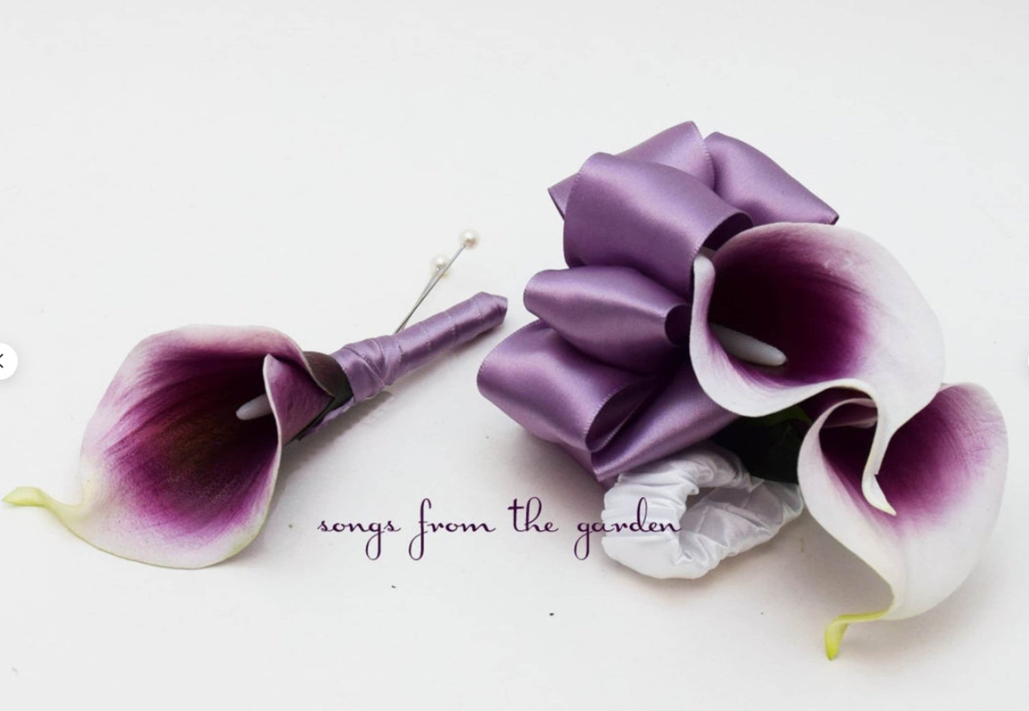 Real Touch Picasso Calla Lily Purple Hydrangea Bridal or Bridesmaid Bouquet - Add Groom's or Groomsmen Boutonniere - Purple Wedding Bouquet