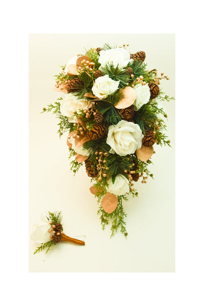 Cascade Winter Wedding Bridal Bouquet Evergreens Gold White Bouquet Eucalyptus Pine Cones Real Touch Roses - add Groom's Boutonniere & More!