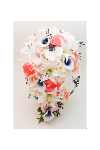 Cascade Bridal Bouquet Real Touch Rose Tiger Lily Cherry Blossom Orchids Roses- Coral Navy Blush White  - Add Groom Boutonniere & More!