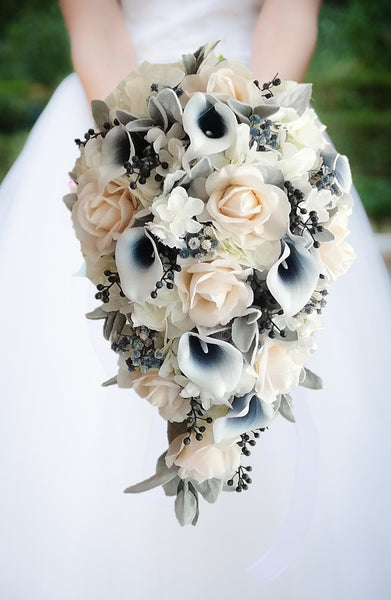 Navy Ivory Grey Cascade Bridal Bouquet - Navy Picasso Callas Real Touch Roses Cherry Blossoms - Add a Groom's Boutonniere Bridesmaids & More