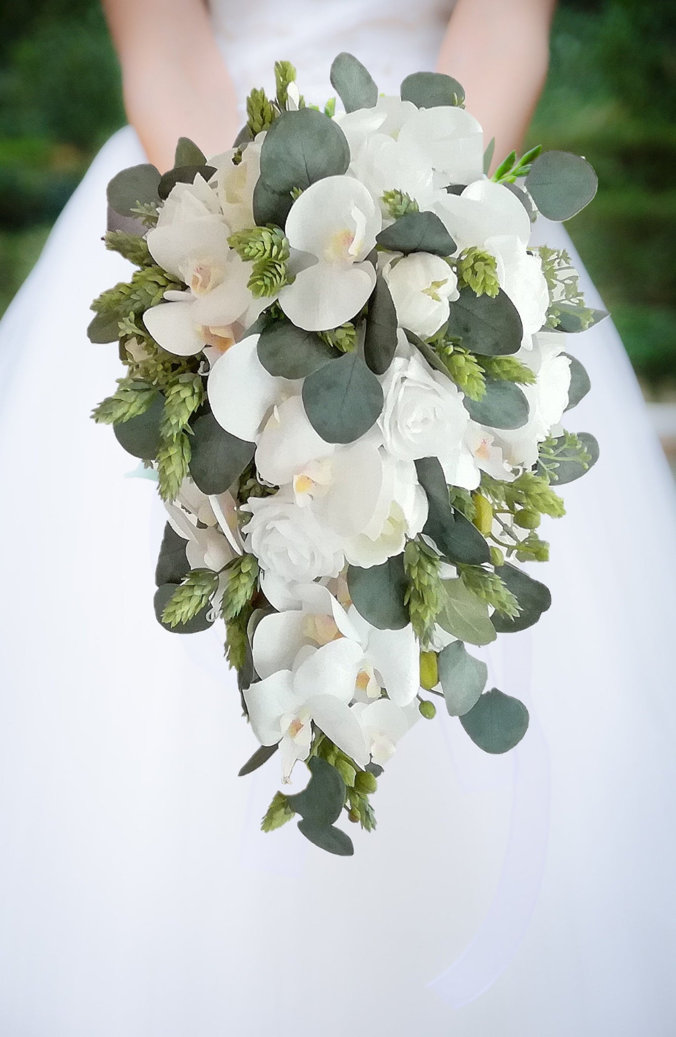 Eucalyptus Cascade Bridal Bouquet - Hops Real Touch Orchids White Peonies Roses - Add a Groom's Boutonniere Bridesmaids & More